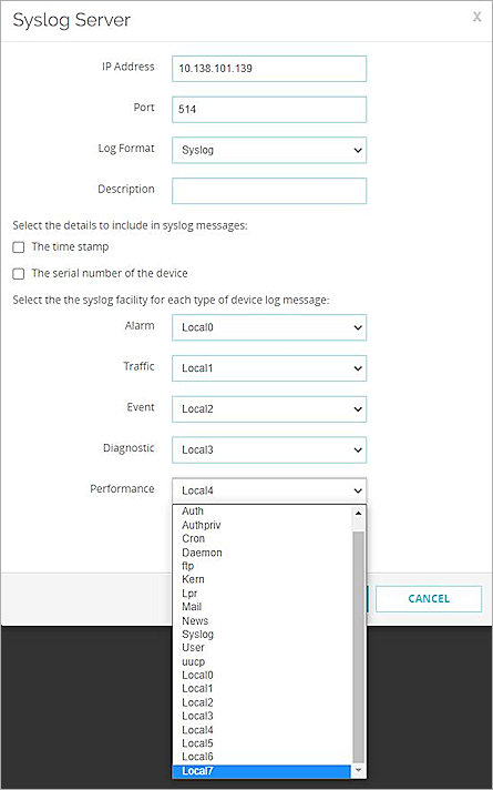 Screen shot of the Syslog Server configuration